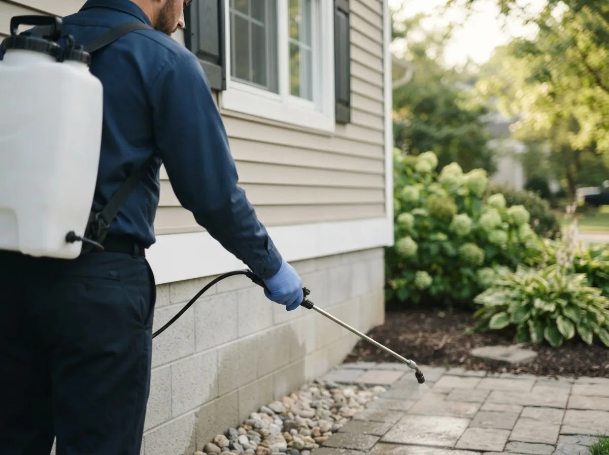 Pest control technician inspecting a home in Keyesport, IL